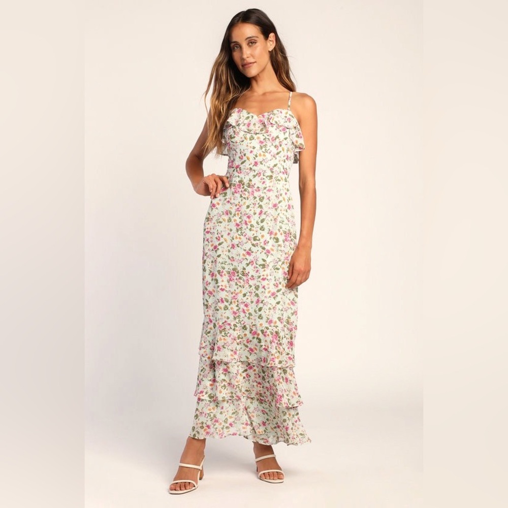 NWT Lulu's Darling Blossoms Mint Floral Print Ruffled Maxi Dress |P3